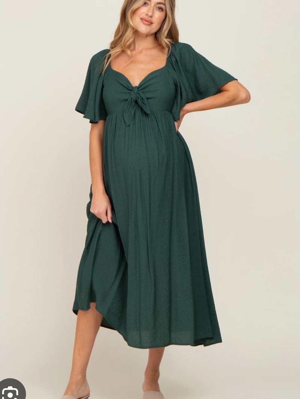 Forest Green Tie-Front Midi Dress with Flutter Sleeves